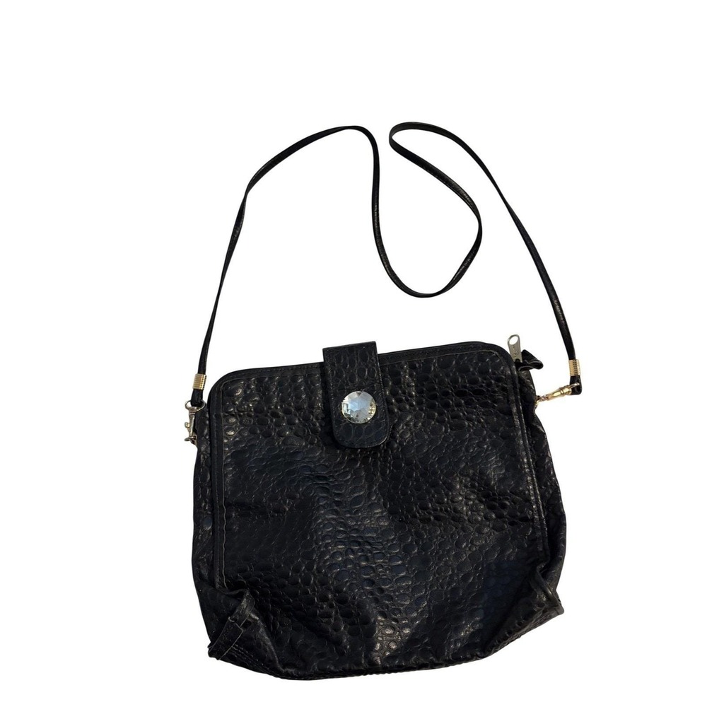 Vintage Black Embossed Pleather Bag Jewel Detail Paisley Lining Esko Zip